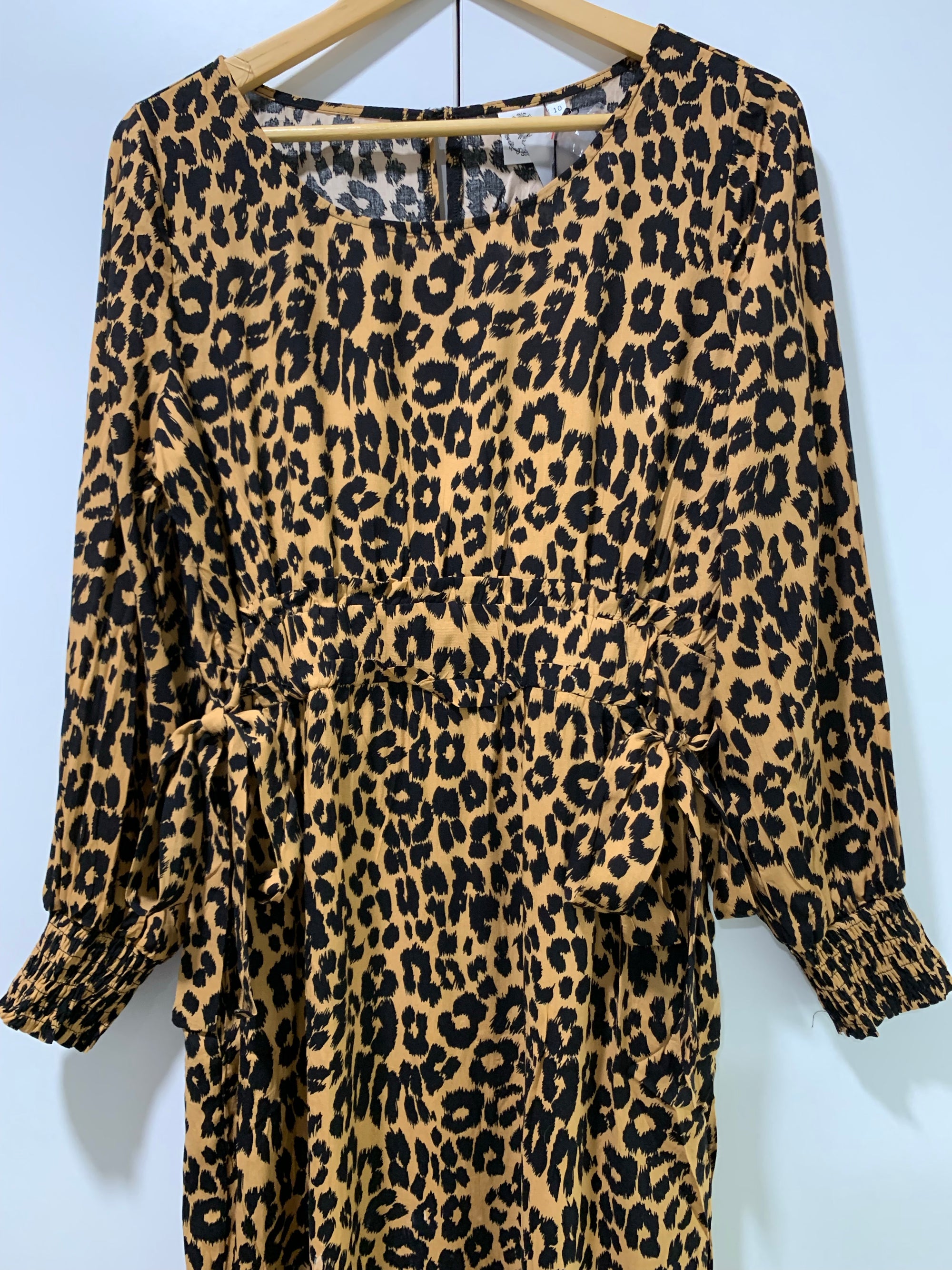 Maxi Dress Black & Tan with Side Ties in Leopard Print Ankle Long with Long Sleeves - Silver Wishes