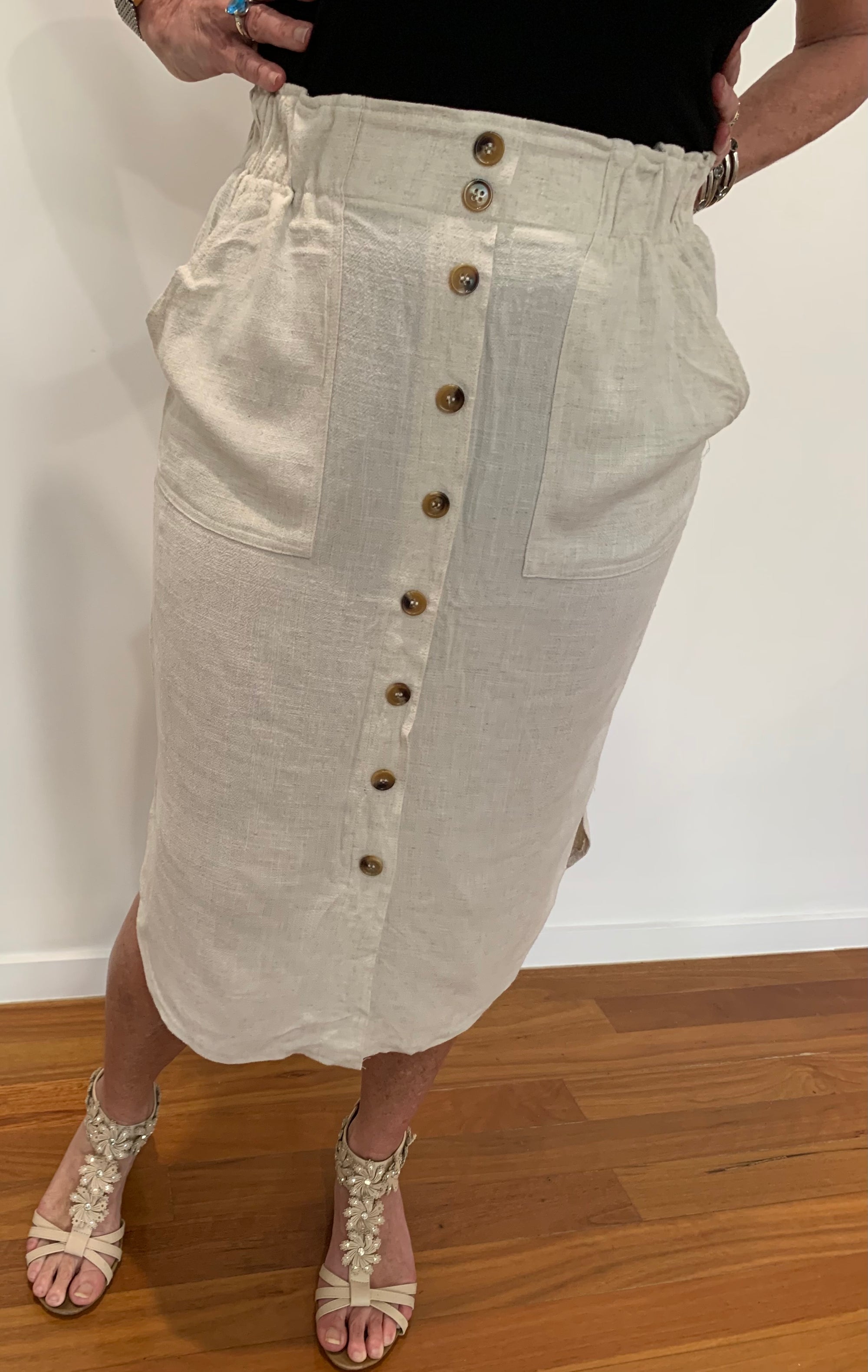 Midi Skirt in Beige Linen Blend with Elastic Waist Pockets & Button Detail - Willow Tree