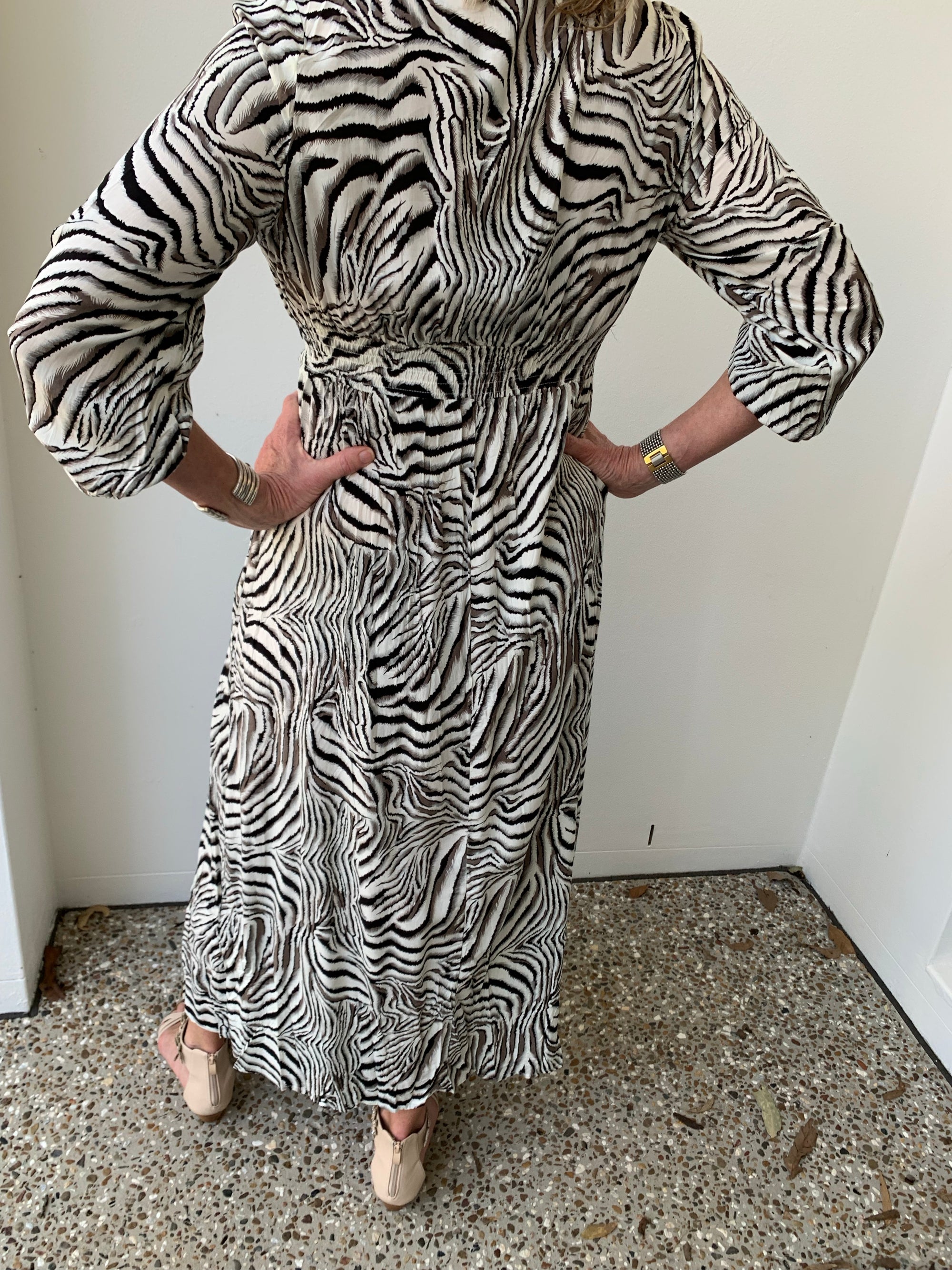 Silver Wishes Crossover Maxi Dress with Slit in Black & White Zebra Print