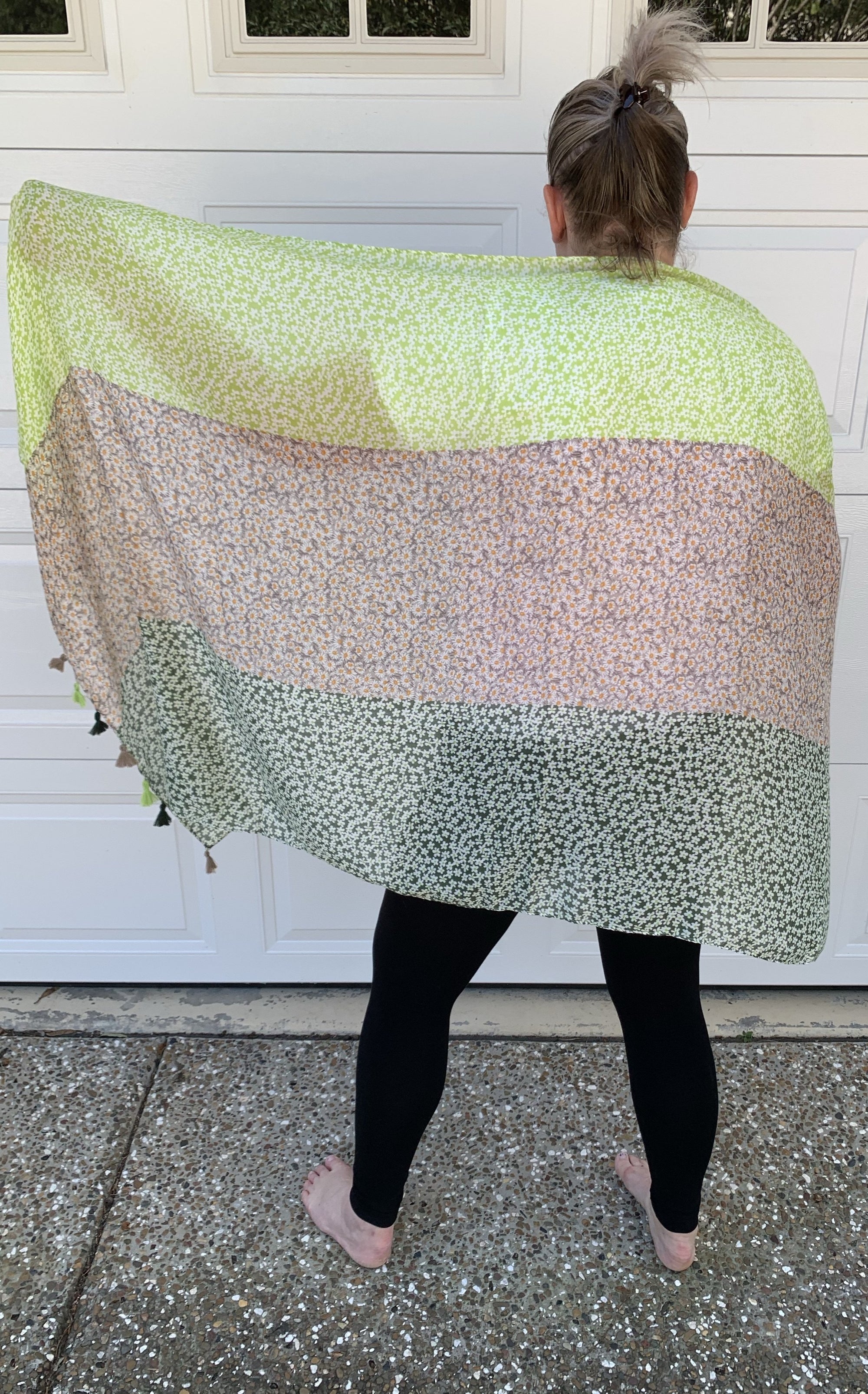 Oversized Summer Scarf in Lime Green Green and Mocha with Floral Pattern