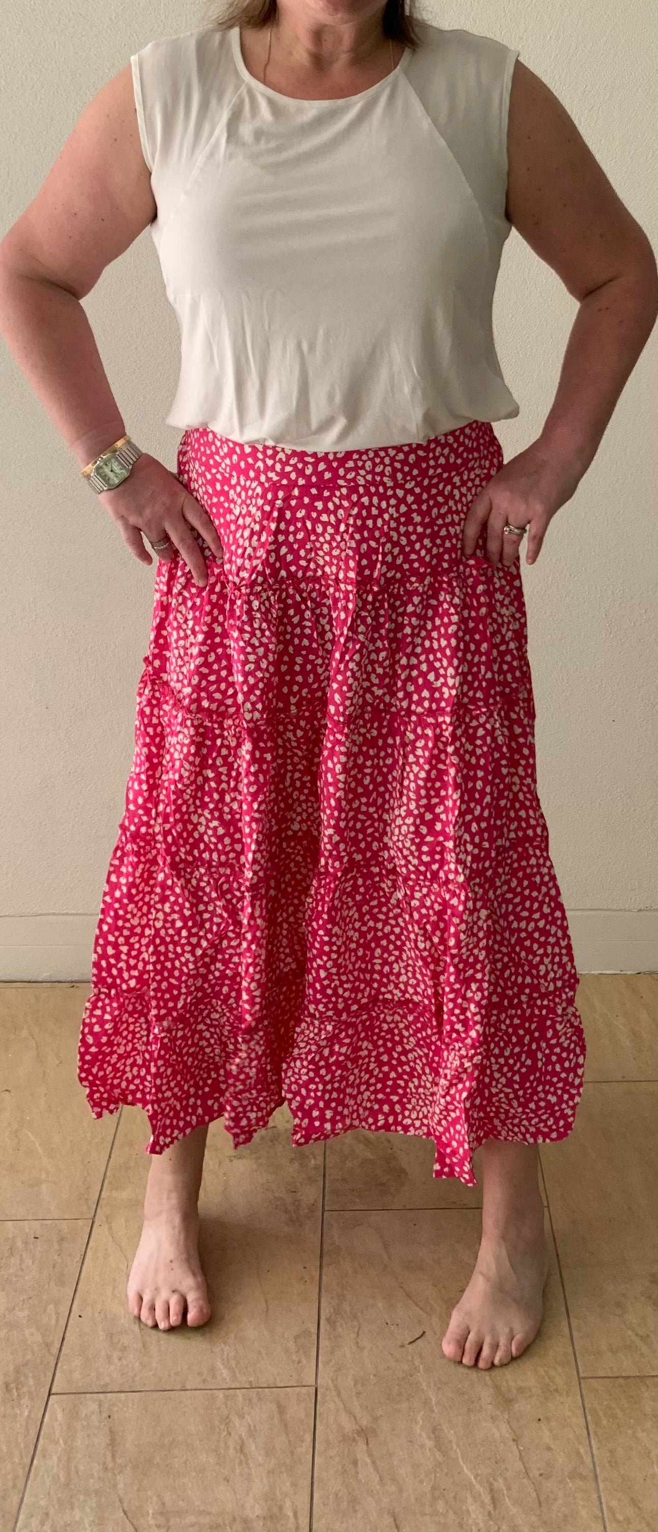 Silver Wishes Tiered Hot Pink & White Maxi Skirt with Elastic Waist