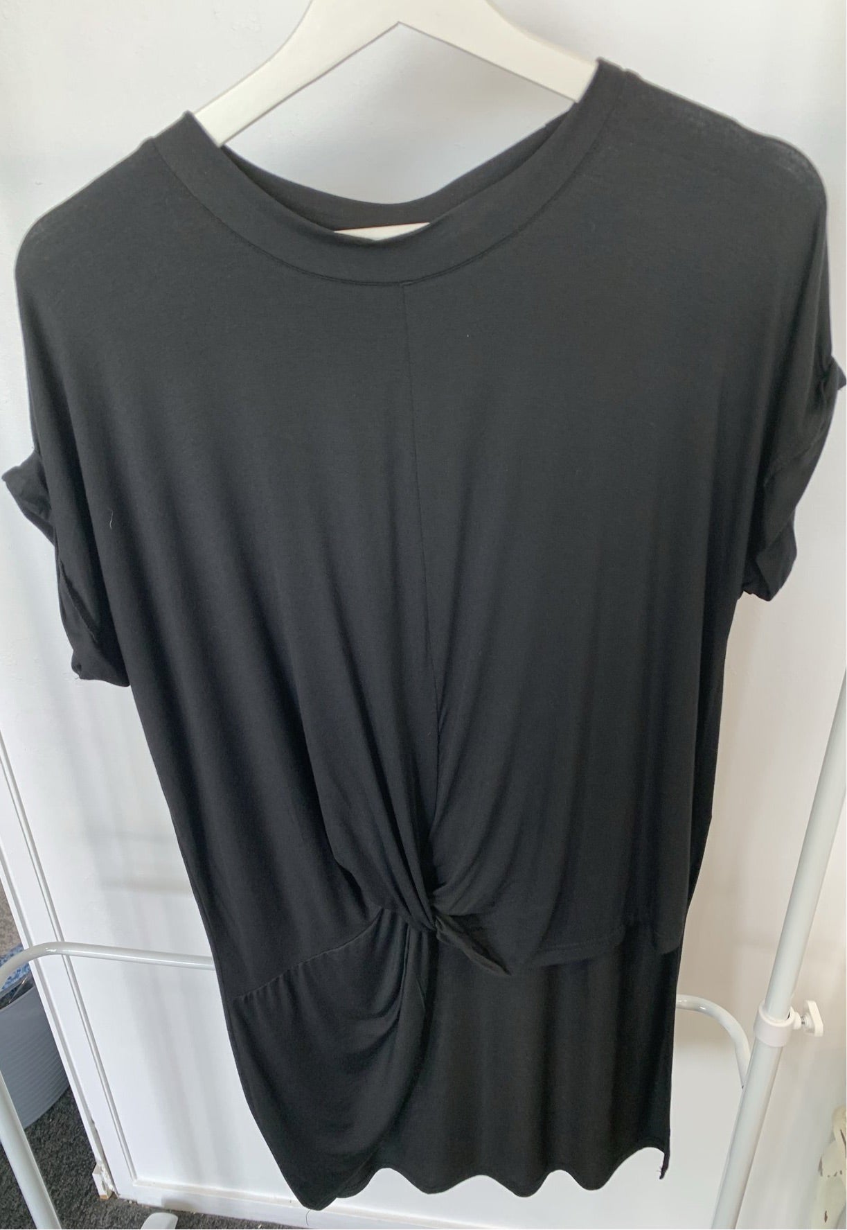 Silver Wishes Black Knot Twist Top with High Low Hemline Short Sleeves