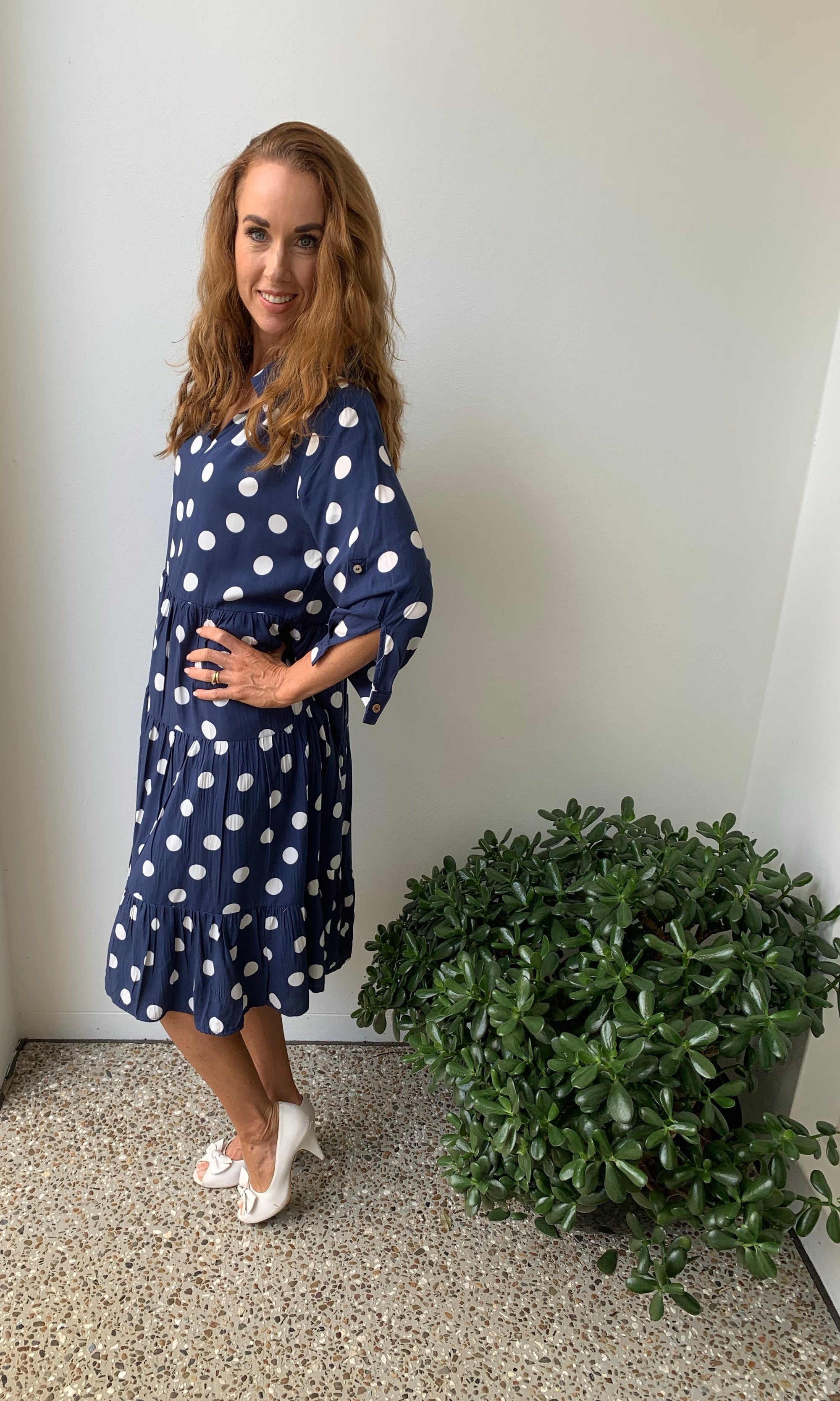 Tiered Shirt Dress in Navy Blue with White Dots Midi Long & Long Rollup Sleeves