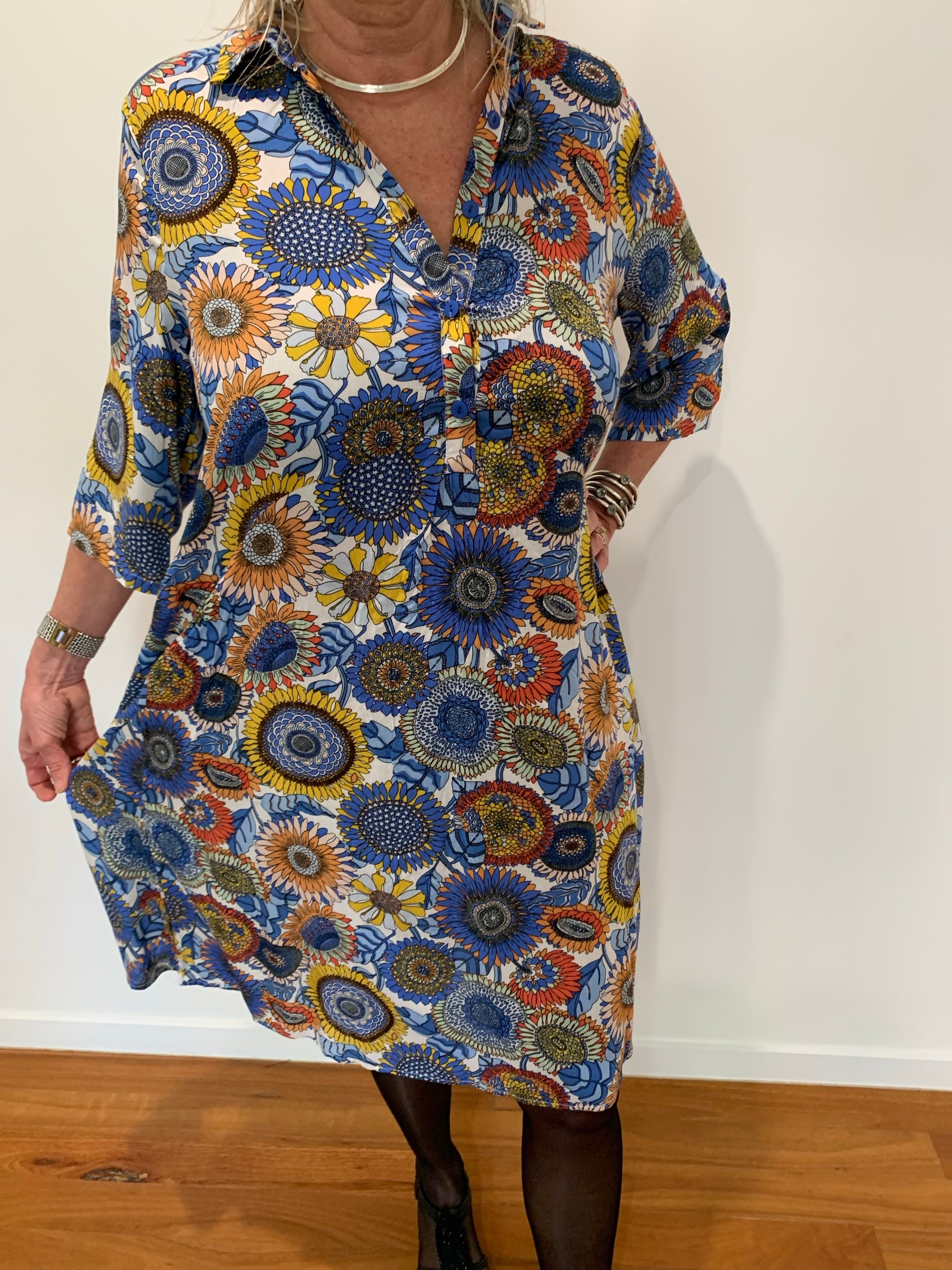 Shirt Dress in Cobalt Blue with Floral Pattern 1/2 Long Sleeves - Willow Tree