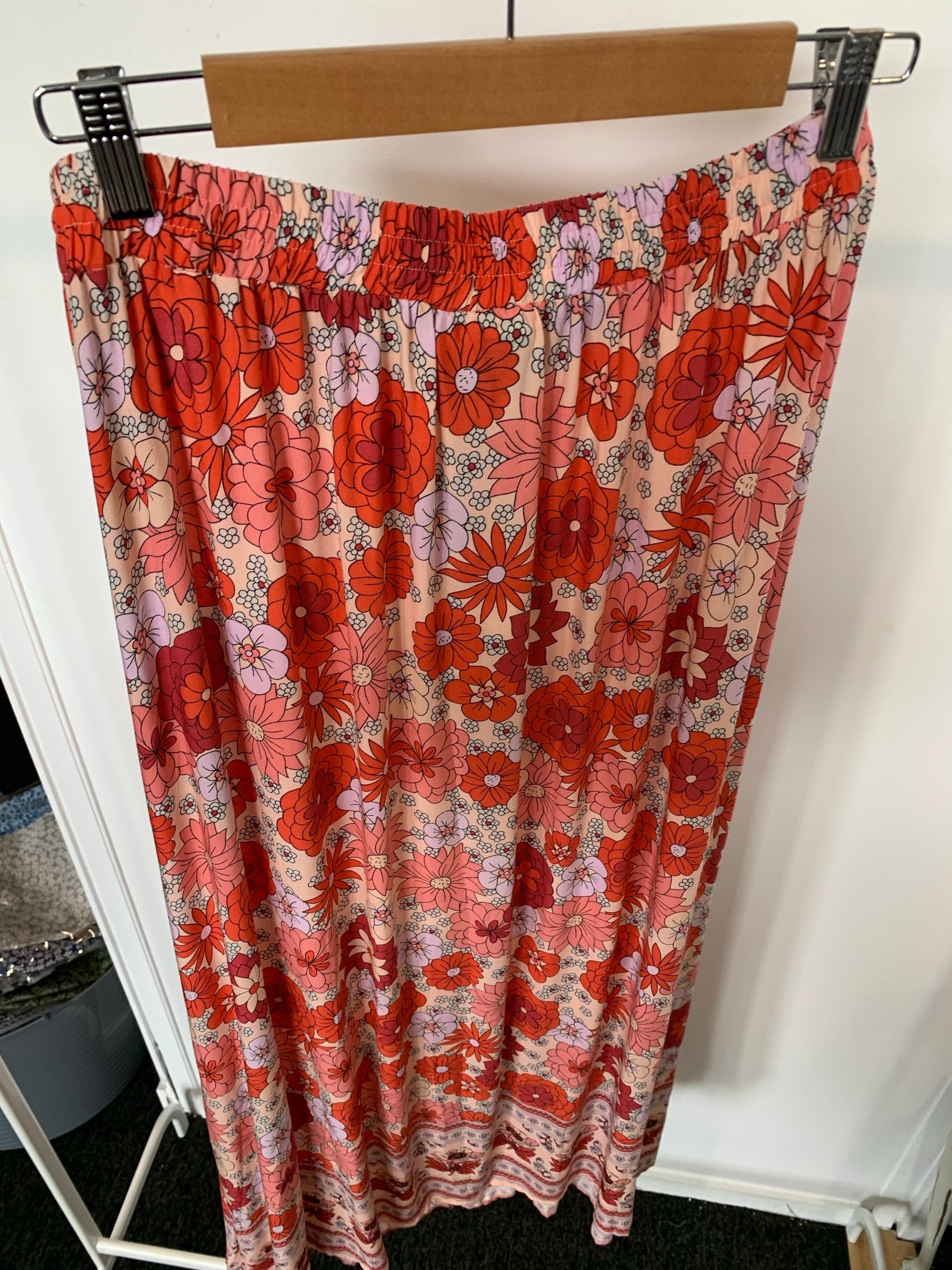 Silver Wishes  Maxi Pink Flower Power Skirt with Front Buttons & Elastic Waist