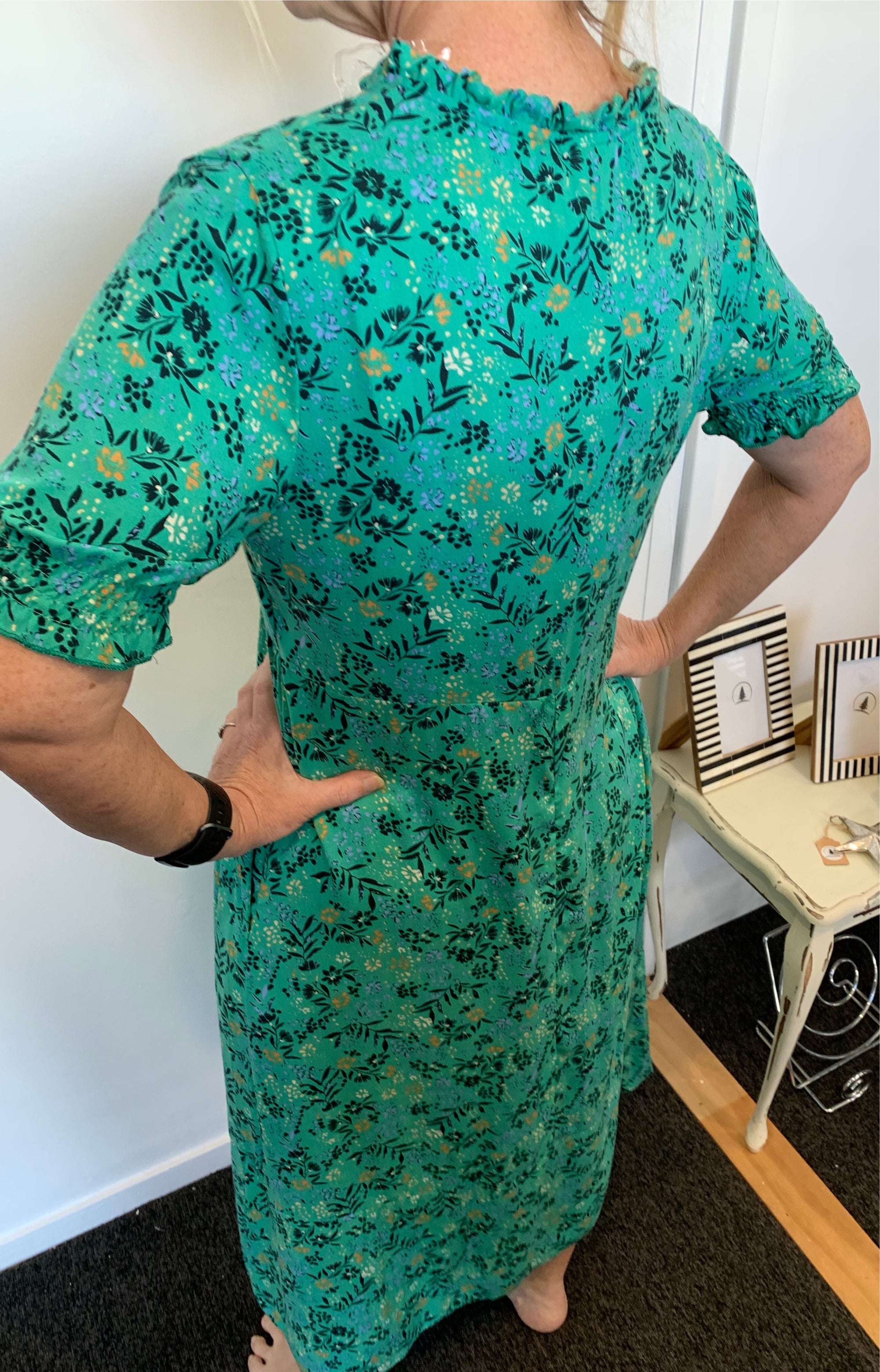Teal Coloured A-Line Dress with Floral Print Pockets & Frill Neck - Silver Wishes