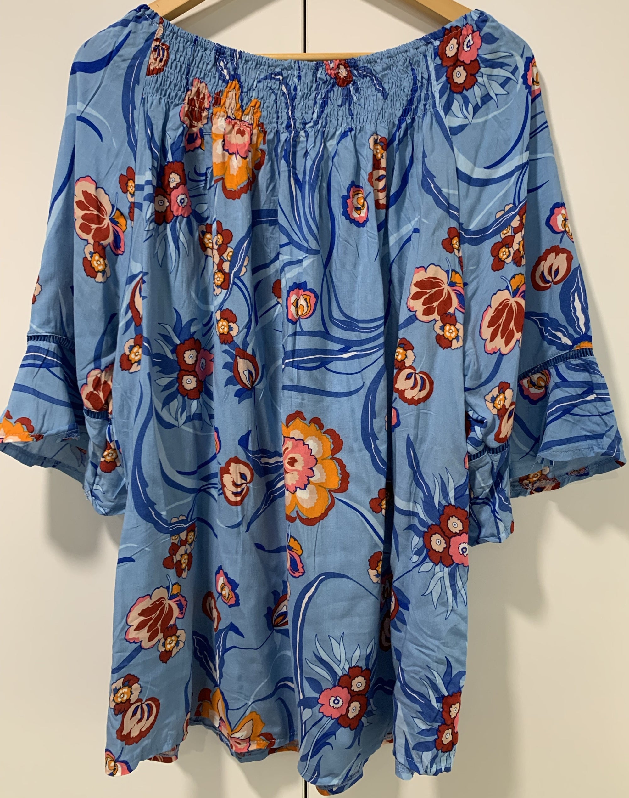 Off the Shoulder Top in Light Blue with Orange Floral Print 3/4 Long Sleeves - Willow Tree