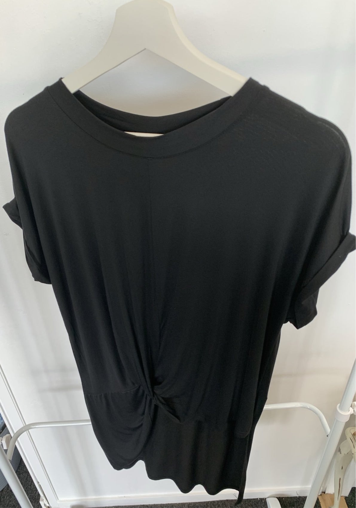 Silver Wishes Black Knot Twist Top with High Low Hemline Short Sleeves