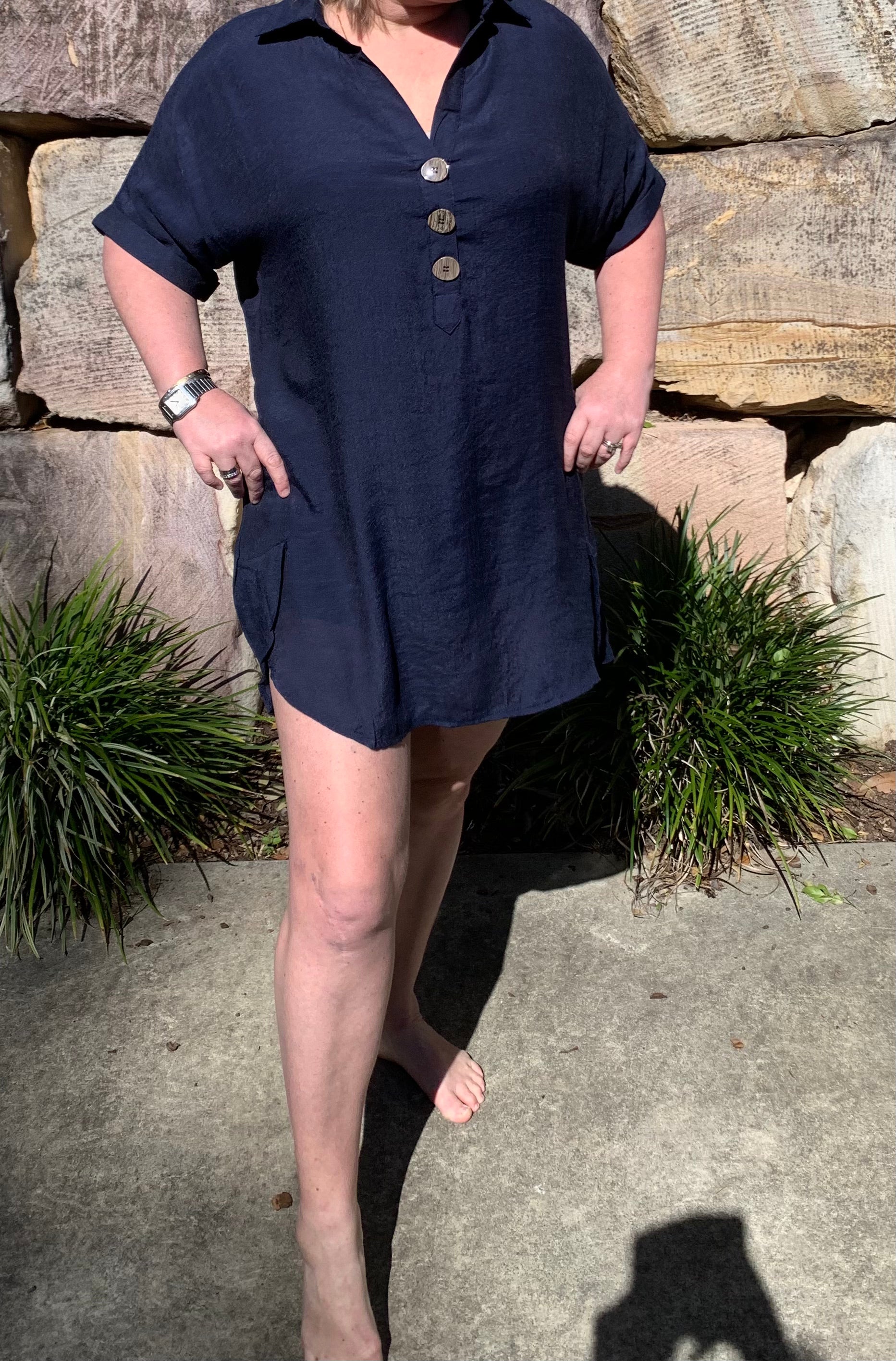 Tunic Dress in Navy Blue Cotton Blend with Short Rolled Up Sleeves