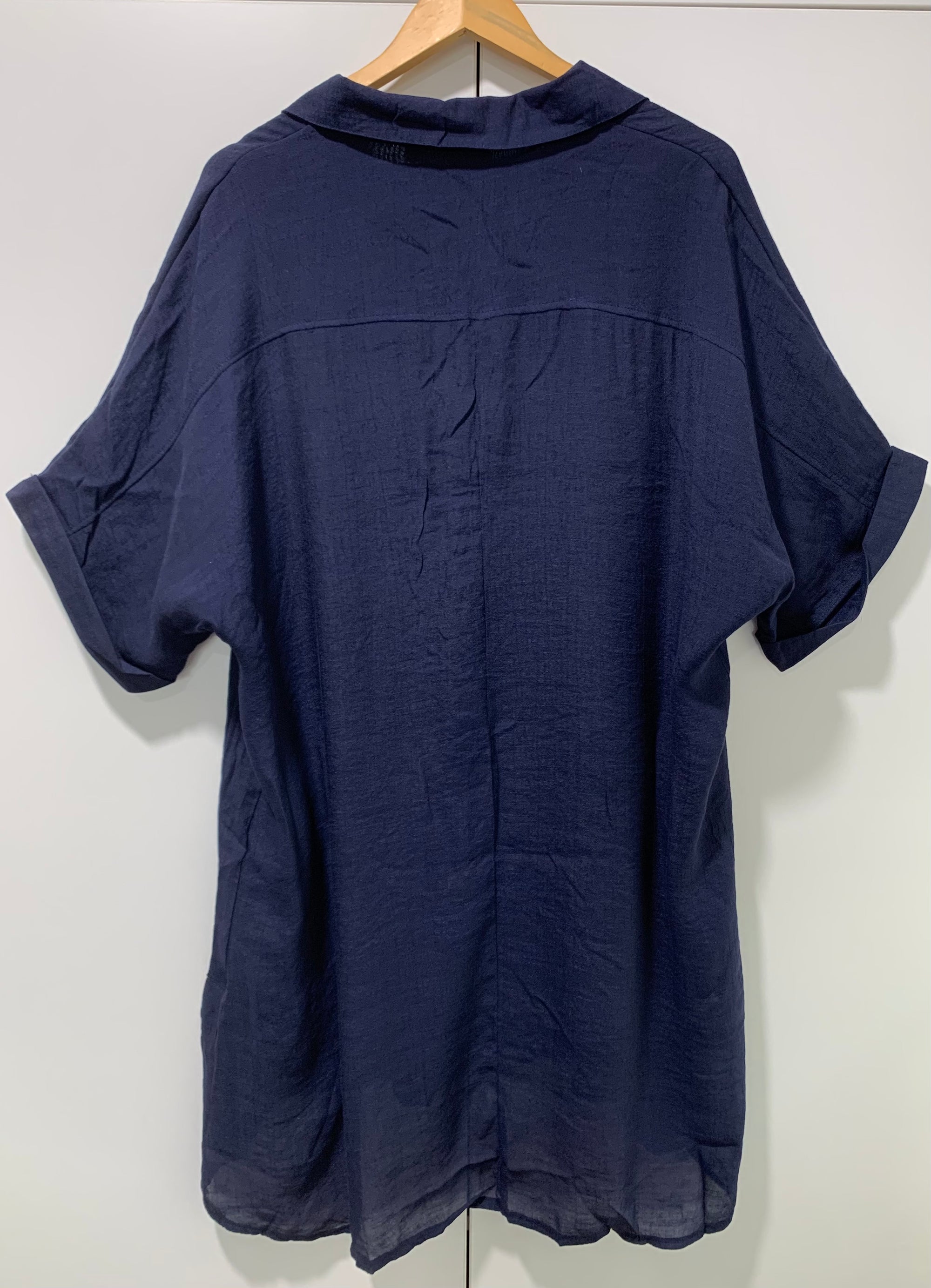Tunic Dress in Navy Blue Cotton Blend with Short Rolled Up Sleeves