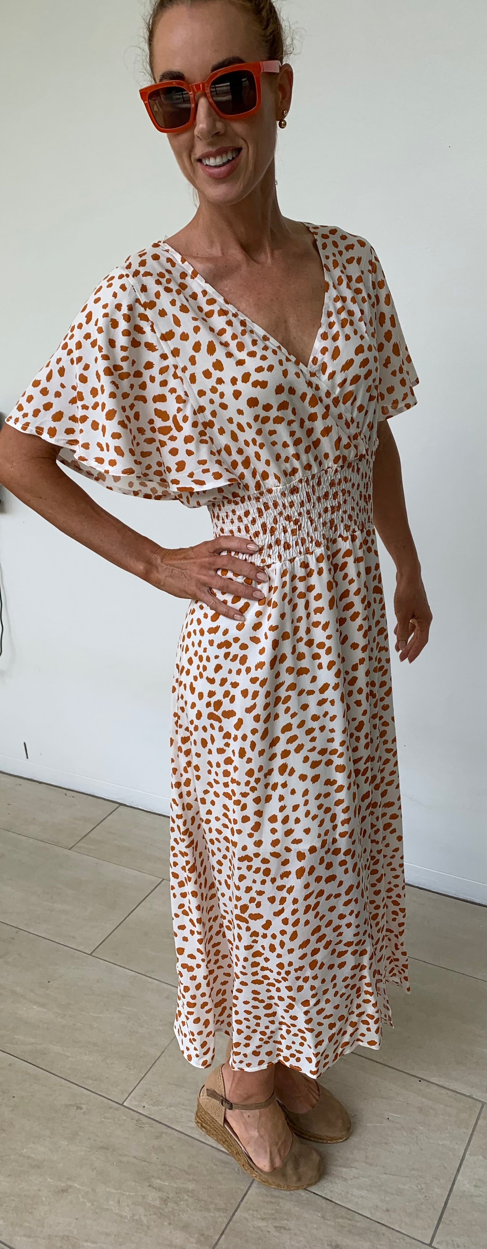 Dot Dress with CrossOver Chest Elastic Waist in White & Burnt Orange - Willow Tree