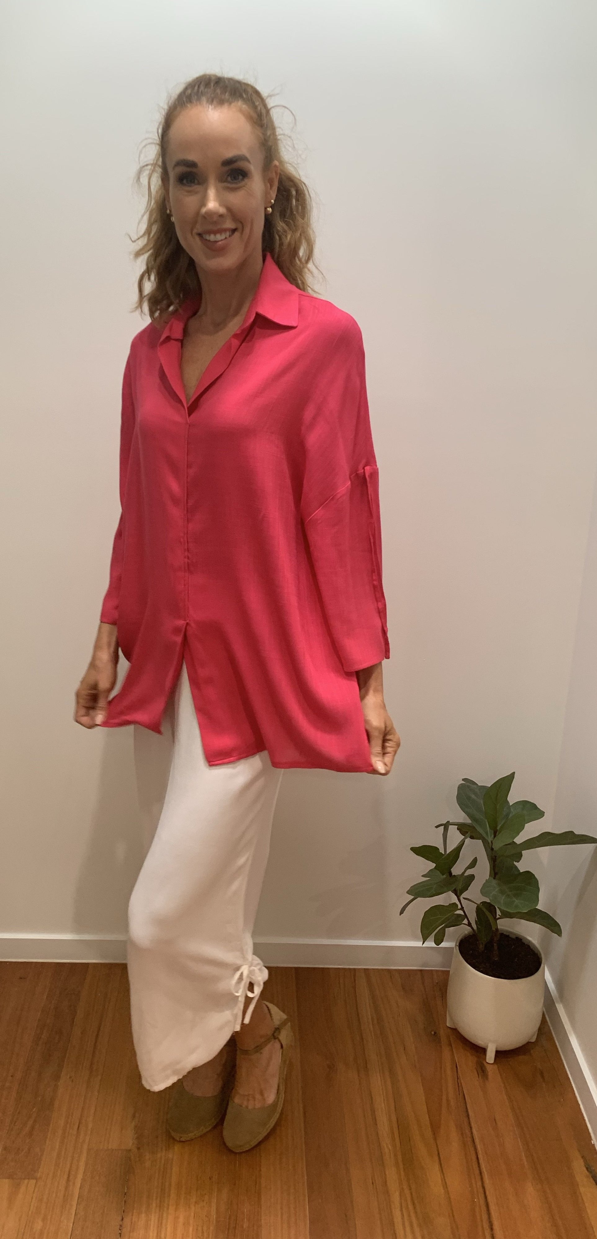 Hot Pink Top with Tie Sleeves and Collar in Comfortable Rayon
