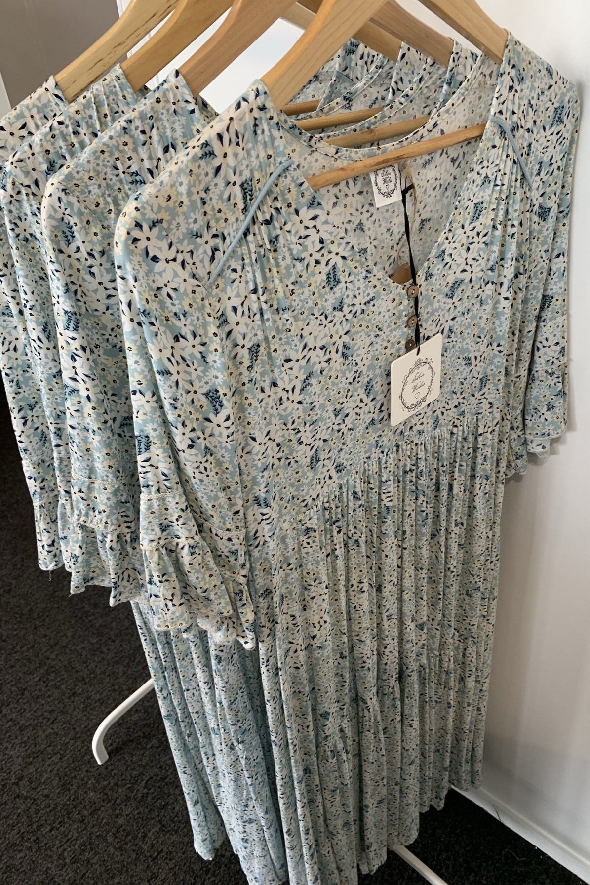 Tiered Long Dress in Aqua with Daisy Print & 3/4 Long Sleeve - Silver Wishes