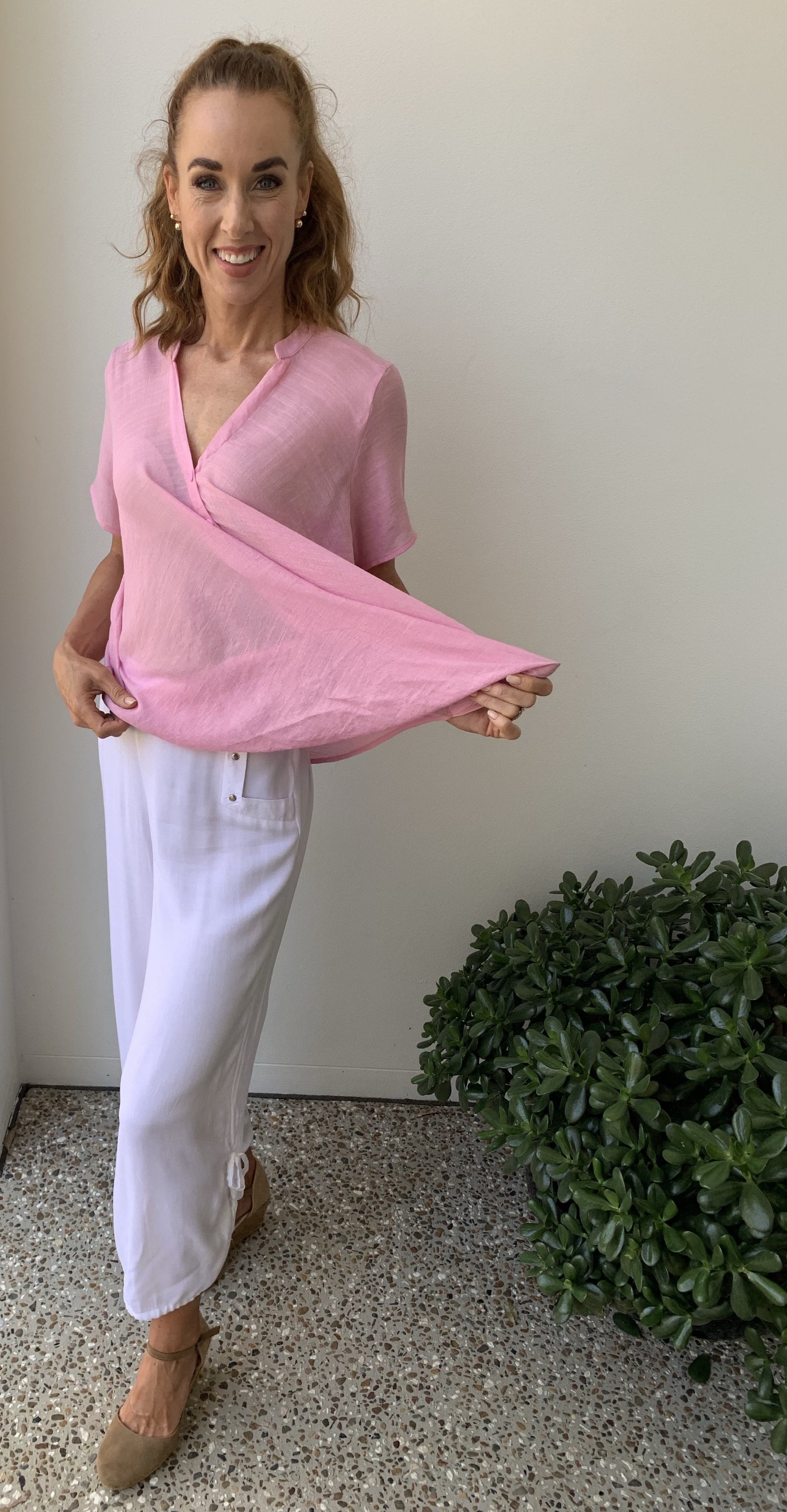 Cross Over Top in Baby Pink with Short Sleeves - Willow Tree