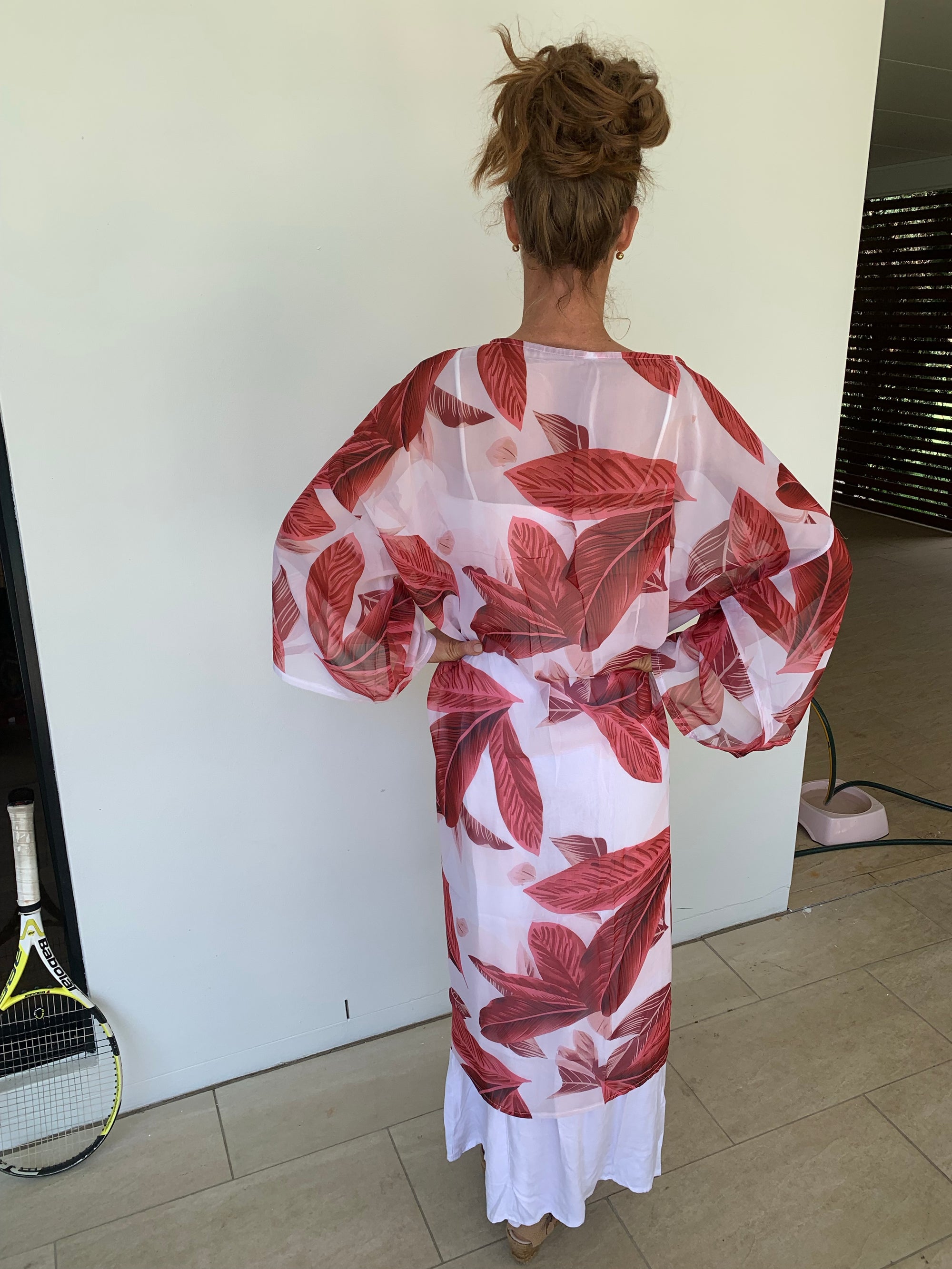 Long Sheer Kimono/CoverUp Jacket in White with Red Palm Leaves - Scandi & Me