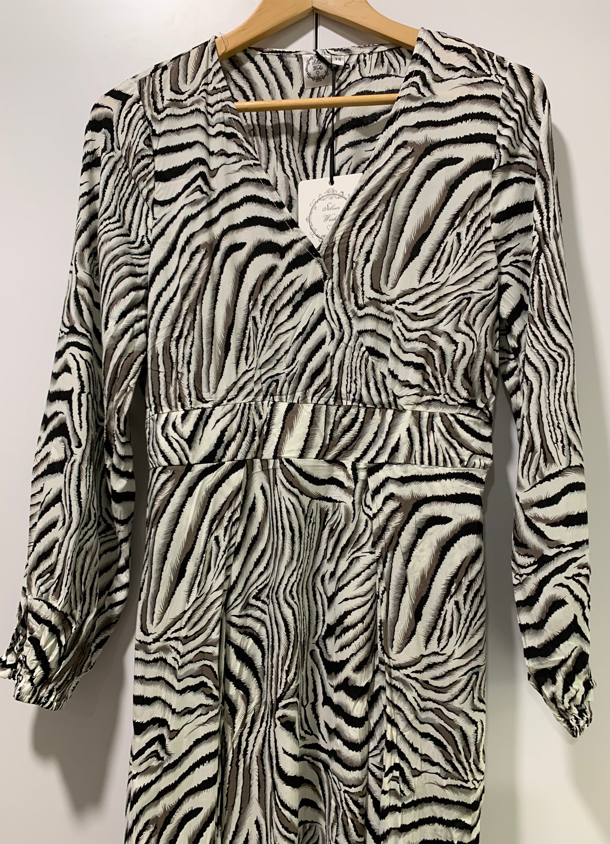 Silver Wishes Crossover Maxi Dress with Slit in Black & White Zebra Print