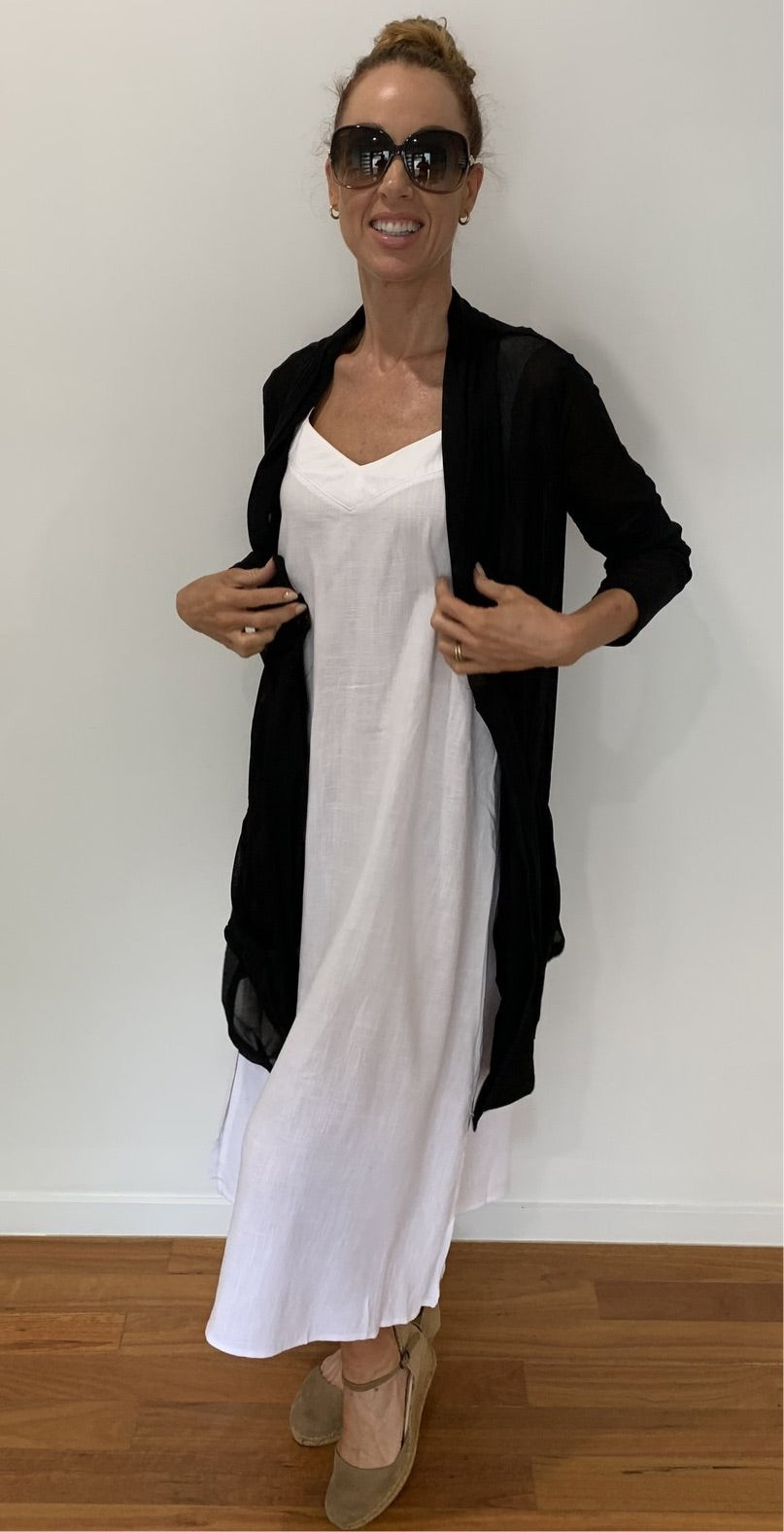 Mesh Cardigan with Button Close in Sheer Black Long Length Perfect Cover Up
