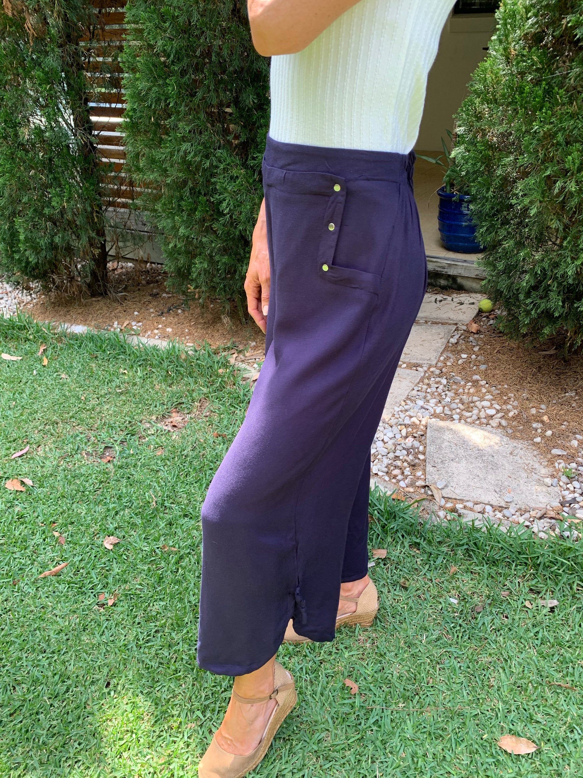 Navy Pants with Side Ties and Studs Comfortable and Flowing Elastic Waist