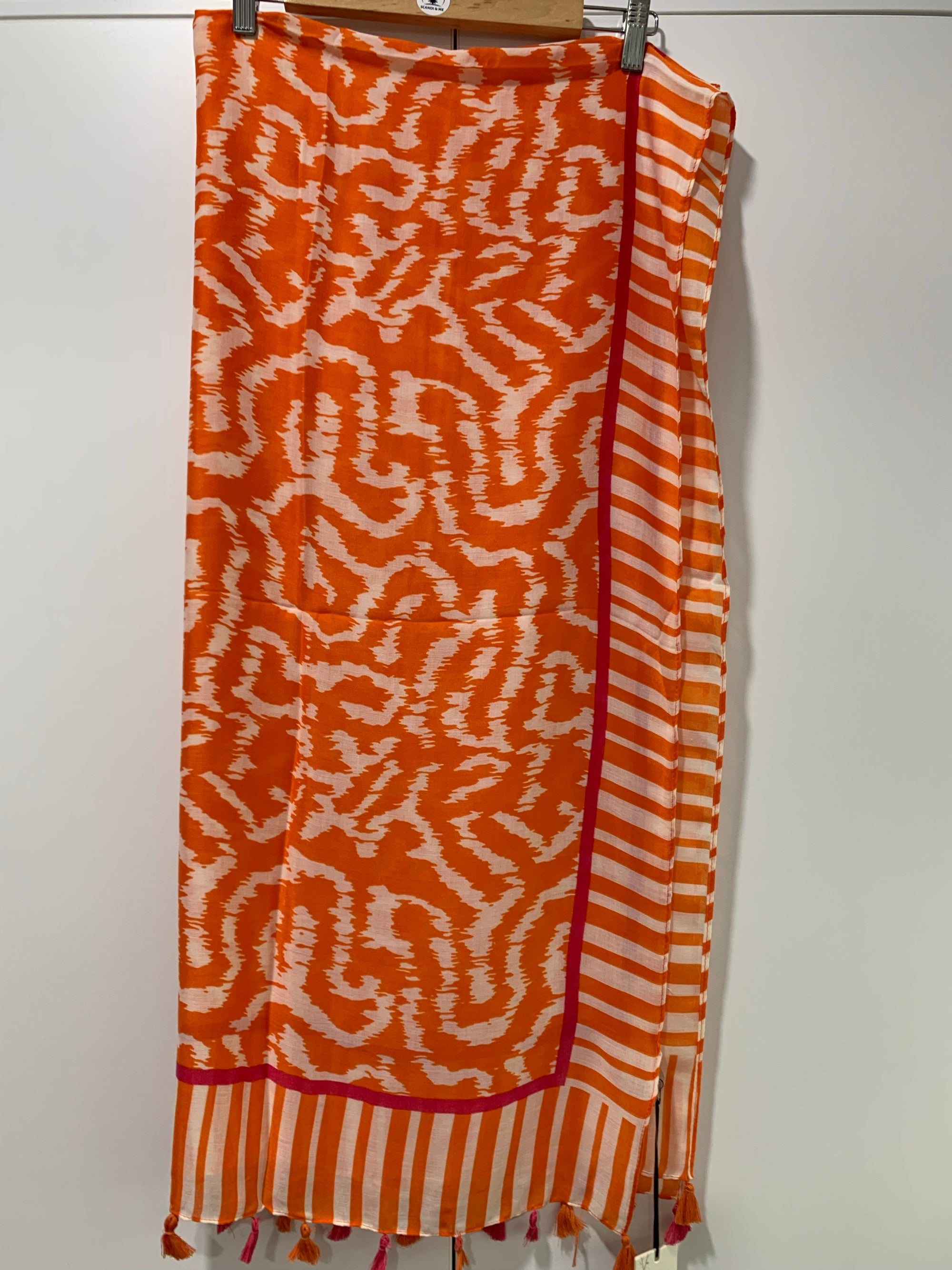 Oversized Scarf in Orange Pink & White Animal Print with Tassels - Willow Tree