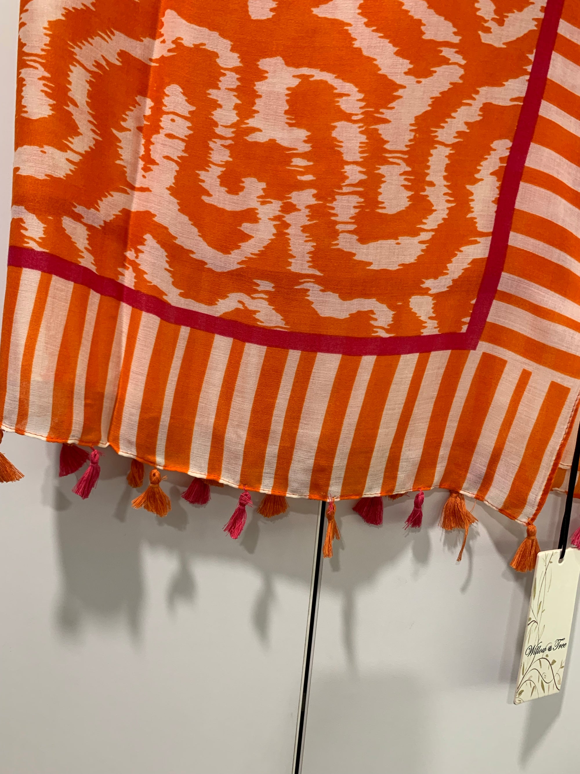 Oversized Scarf in Orange Pink & White Animal Print with Tassels - Willow Tree